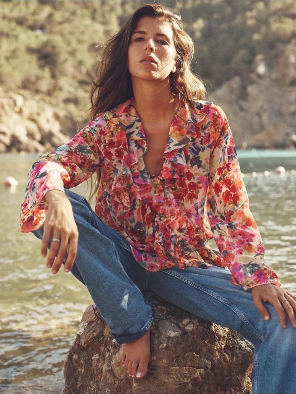 Zara Floral Ruffle V-Neck Blouse - Pink Multi